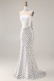 Strapless Black White Dot Mermaid Long Prom Dress With Ribbon