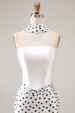 Strapless Black White Dot Mermaid Long Prom Dress With Ribbon