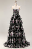 Floral Black Pink Strapless Beaded Tiered A Line Long Prom Dress