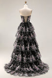 Floral Black Pink Strapless Beaded Tiered A Line Long Prom Dress