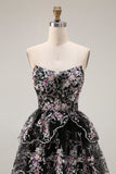 Floral Black Pink Strapless Beaded Tiered A Line Long Prom Dress