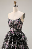 Floral Black Pink Strapless Beaded Tiered A Line Long Prom Dress