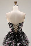 Floral Black Pink Strapless Beaded Tiered A Line Long Prom Dress