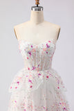 Floral Black Pink Strapless Beaded Tiered A Line Long Prom Dress