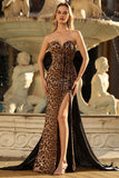 Brown Leopard Mermaid Strapless Prom Dress with Bow