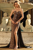 Brown Leopard Mermaid Strapless Prom Dress with Bow