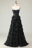 White Black Dot Tiered Corset Strapless A Line Prom Dress