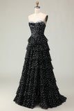 White Black Dot Tiered Corset Strapless A Line Prom Dress
