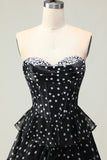 White Black Dot Tiered Corset Strapless A Line Prom Dress