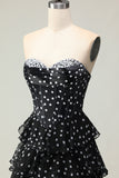 White Black Dot Tiered Corset Strapless A Line Prom Dress