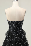 White Black Dot Tiered Corset Strapless A Line Prom Dress