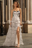 White Black Dot Tiered Corset Strapless A Line Prom Dress