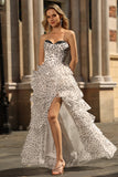 White Black Dot Tiered Corset Strapless A Line Prom Dress