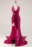 Sparkly Fuchsia Ruched Halter Long Prom Dress With Slit