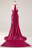 Sparkly Fuchsia Halter Long Prom Dress with Side Cape