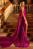 Sparkly Fuchsia Halter Long Prom Dress with Side Cape