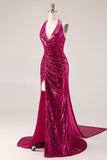 Sparkly Fuchsia Halter Long Prom Dress with Side Cape