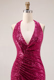 Sparkly Fuchsia Halter Long Prom Dress with Side Cape