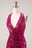 Sparkly Fuchsia Halter Long Prom Dress with Side Cape