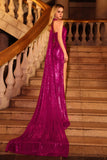 Sparkly Fuchsia Halter Long Prom Dress with Side Cape