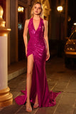 Sparkly Fuchsia Halter Long Prom Dress with Side Cape