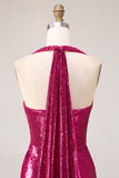Sparkly Fuchsia Halter Long Prom Dress with Side Cape