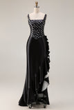 Black White Dot Mermaid Corset Ruffled Square Neck Long Prom Dress With Slit