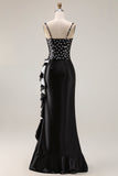 Black White Dot Mermaid Corset Ruffled Square Neck Long Prom Dress With Slit