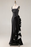 Black White Dot Mermaid Corset Ruffled Square Neck Long Prom Dress With Slit