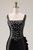 Black White Dot Mermaid Corset Ruffled Square Neck Long Prom Dress With Slit
