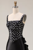 Black White Dot Mermaid Corset Ruffled Square Neck Long Prom Dress With Slit