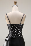 Black White Dot Mermaid Corset Ruffled Square Neck Long Prom Dress With Slit