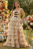 Apricot Black Dot Sweetheart A Line Tiered Plus Size Prom Dress With Ruffles