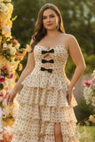 Apricot Black Dot Sweetheart A Line Tiered Plus Size Prom Dress With Ruffles