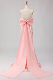 Floral Blush Halter Sequin Mermaid Long Prom Dress With Detachable Bow