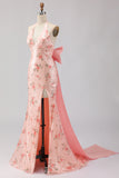 Floral Blush Halter Sequin Mermaid Long Prom Dress With Detachable Bow
