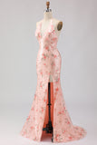 Floral Blush Halter Sequin Mermaid Long Prom Dress With Detachable Bow