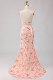 Floral Blush Halter Sequin Mermaid Long Prom Dress With Detachable Bow