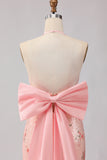 Floral Blush Halter Sequin Mermaid Long Prom Dress With Detachable Bow