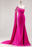 One Shoudler Fuchsia Mermaid Cut Out Prom Dress