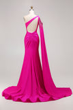 One Shoudler Fuchsia Mermaid Cut Out Prom Dress