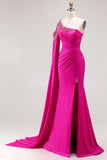 One Shoudler Fuchsia Mermaid Cut Out Prom Dress