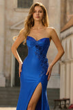 Royal Blue Mermaid Sweetheart Beaded Corset 3D Flower Long Prom Dress with Slit