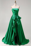 Strapless Dark Green Detachable A Line Long Prom Dress with Ruffles