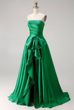 Strapless Dark Green Detachable A Line Long Prom Dress with Ruffles
