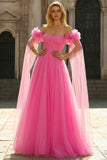 Off the Shoulder A Line Tulle Hot Pink Pleated Long Prom Dress with Streamer
