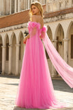 Off the Shoulder A Line Tulle Hot Pink Pleated Long Prom Dress with Streamer