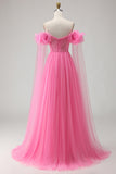 Off the Shoulder A Line Tulle Hot Pink Prom Dress