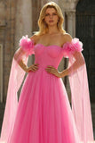 Off the Shoulder A Line Tulle Hot Pink Pleated Long Prom Dress with Streamer
