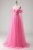 Off the Shoulder A Line Tulle Hot Pink Prom Dress